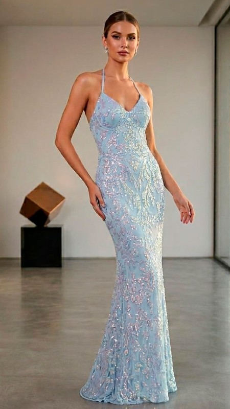 VESTIDO CELESTE CON LENTEJUELAS ATRAS DE AMARRAR