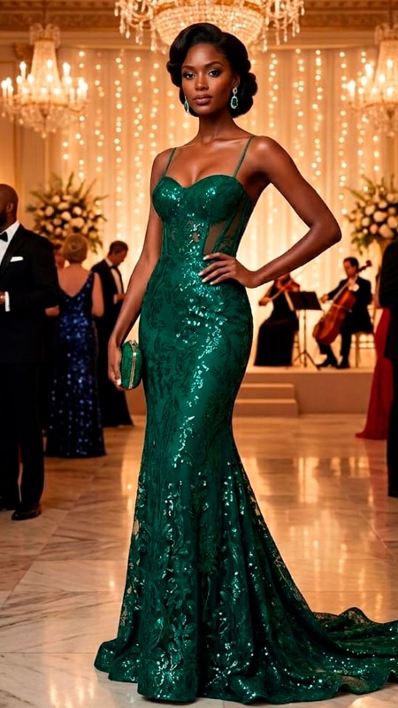 VESTIDO VERDE CON LENTEJUELAS CON COLA