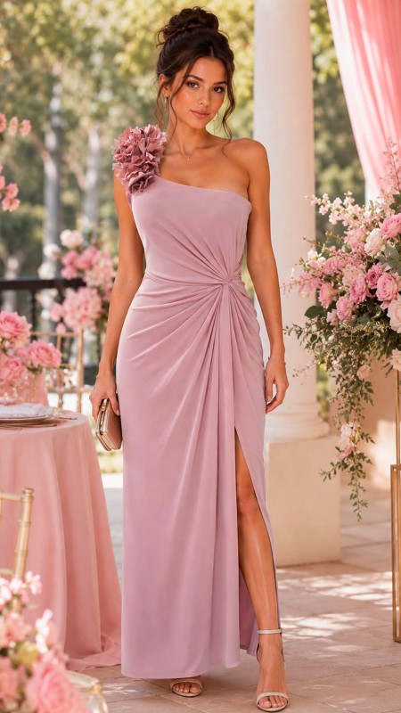 VESTIDO ASIMETRICO CON ABERTURA PALO DE ROSA