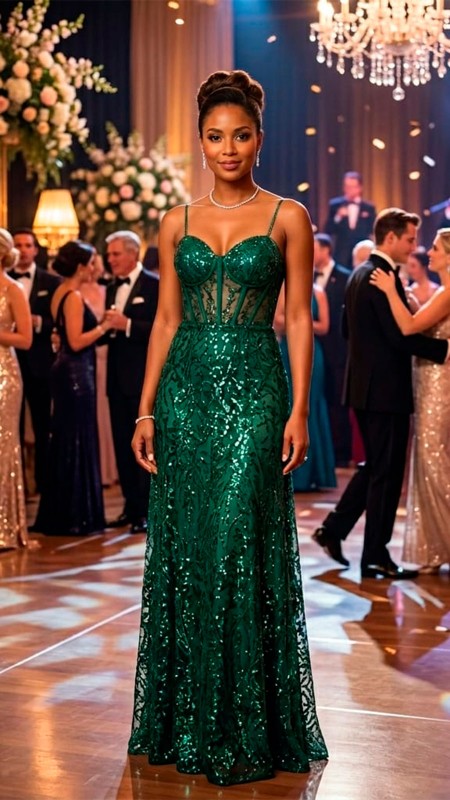 VESTIDO VERDE PETROLEO CON LENTEJUELAS