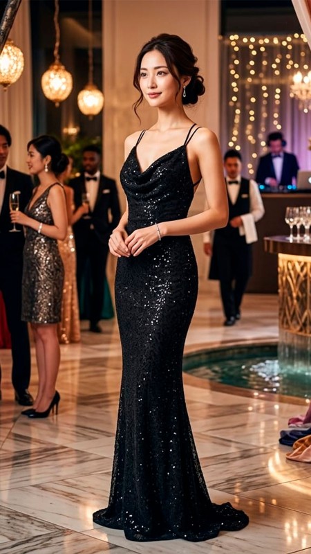 VESTIDO NEGRO CON LENTEJUELAS Y ENCAJE