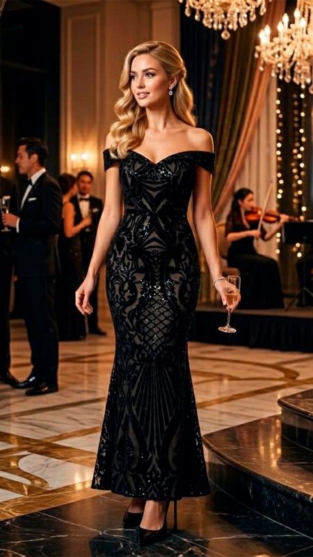 VESTIDO NEGRO CON MANGAS CAIDAS Y LENTEJUELAS