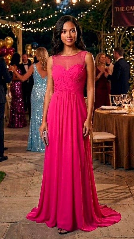 VESTIDO ROSADO DE GASA LISO