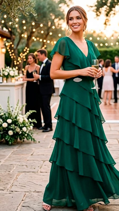 VESTIDO CON VOLADOS DE GASA COLOR VERDE PETROLEO