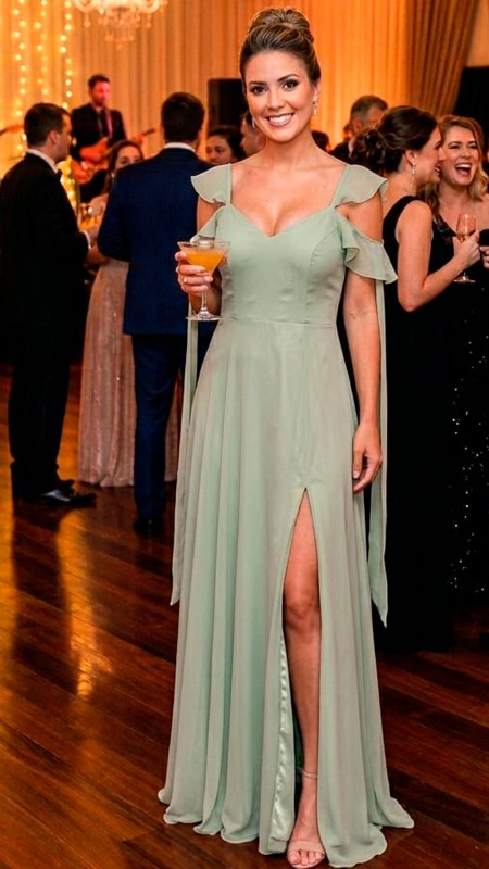 VESTIDO VERDE PISTACHO DE GASA CON ABERTURA