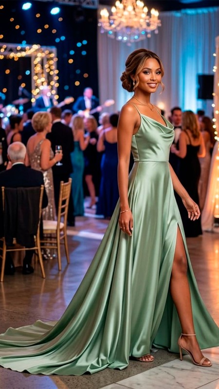 VESTIDO VERDE PISTACHO SATIN CON COLA