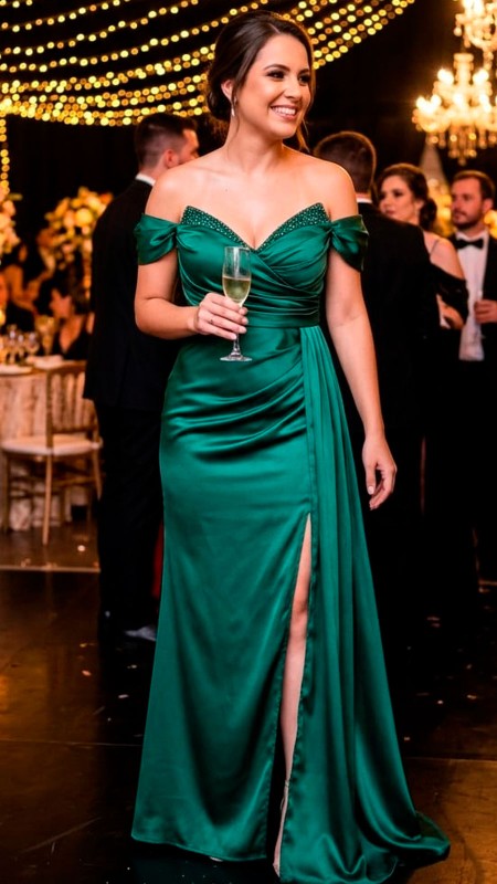VESTIDO VERDE PETROLEO CON MANGAS CAIDAS SATINADO