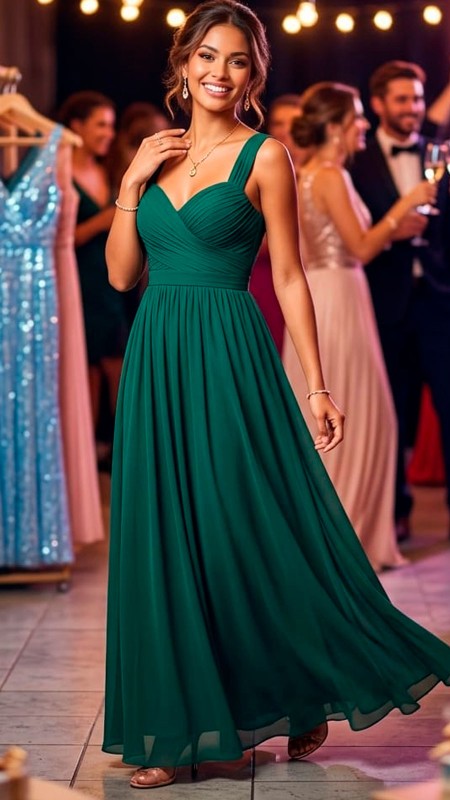 VESTIDO DE GASA CON PLIEGUES COLOR VERDE OSCURO