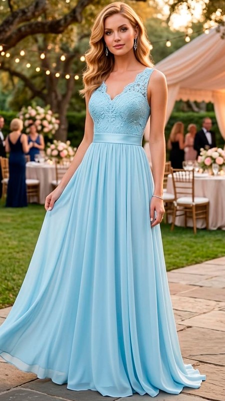 VESTIDO CELESTE LISO DE GASA