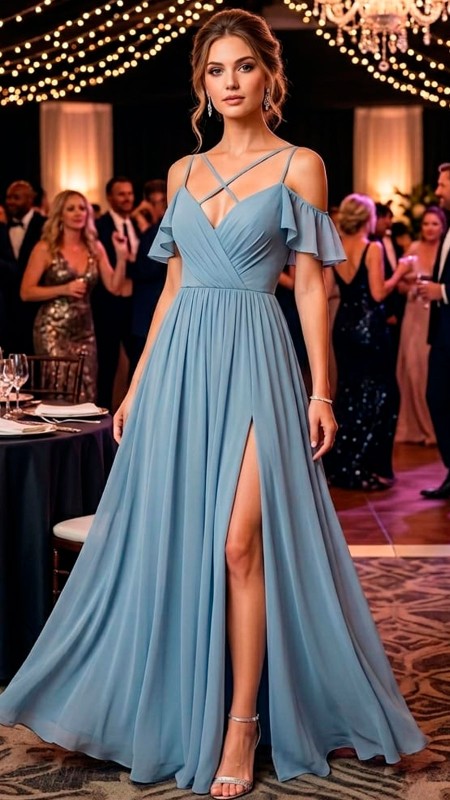 VESTIDO CELESTE DE GASA CON MANGAS CAIDAS