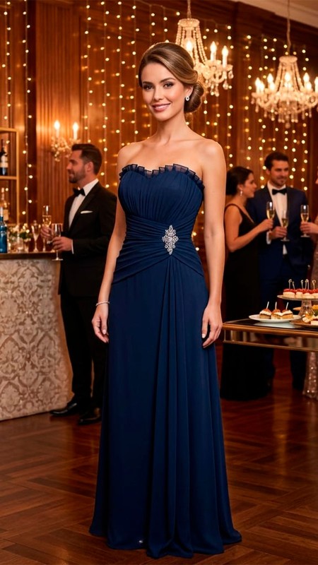 VESTIDO AZUL MARINO STRAPLES DE GASA