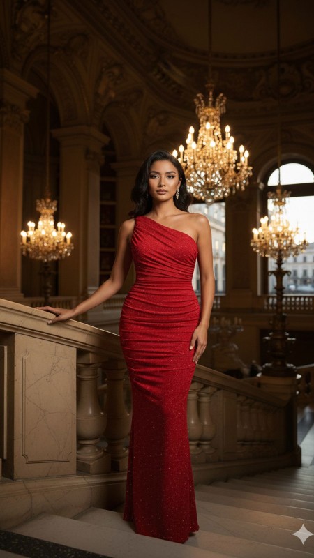 VESTIDO ROJO ASIMETRICO CON BRILLOS