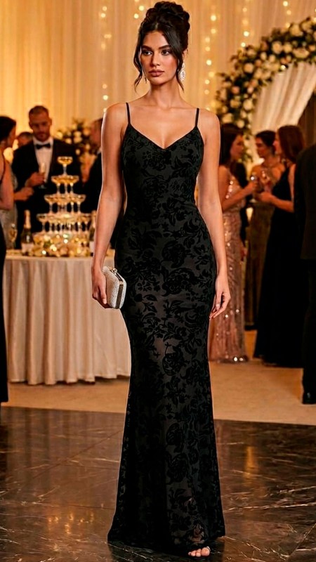 VESTIDO NEGRO FLOREADO CON GAMUZA