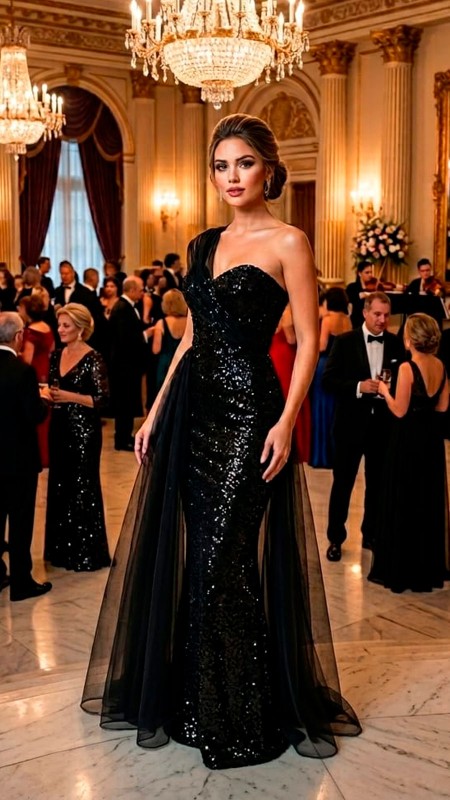 VESTIDO NEGRO ASIMETRICO CON PIEDRAS