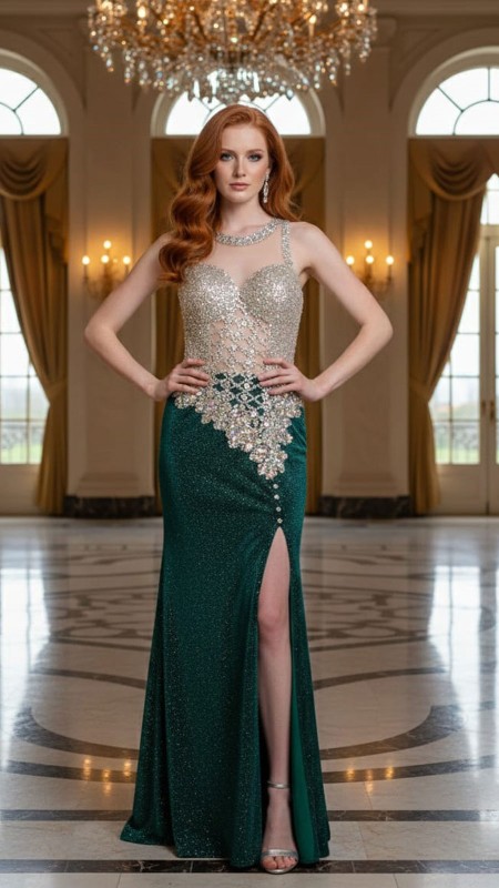 VESTIDO VERDE CON PEDRERIA Y BRILLO
