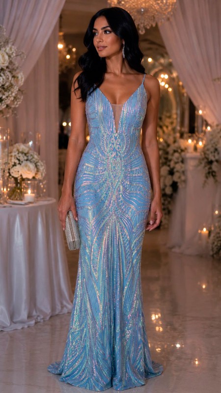 VESTIDO CELESTE CON LENTEJUELAS