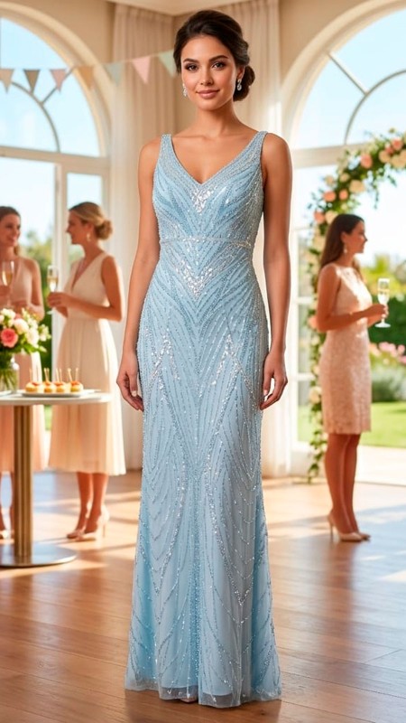 VESTIDO CELESTE CON PIEDRAS Y BRILLOS