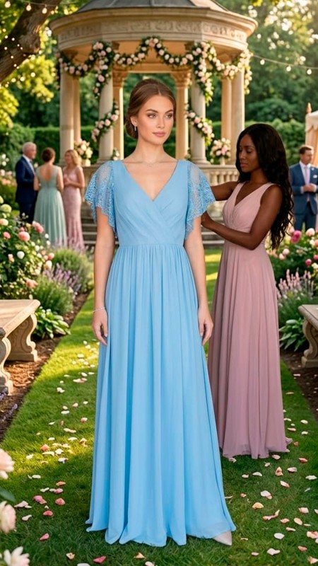 VESTIDO CELESTE DE GASA CON MANGAS