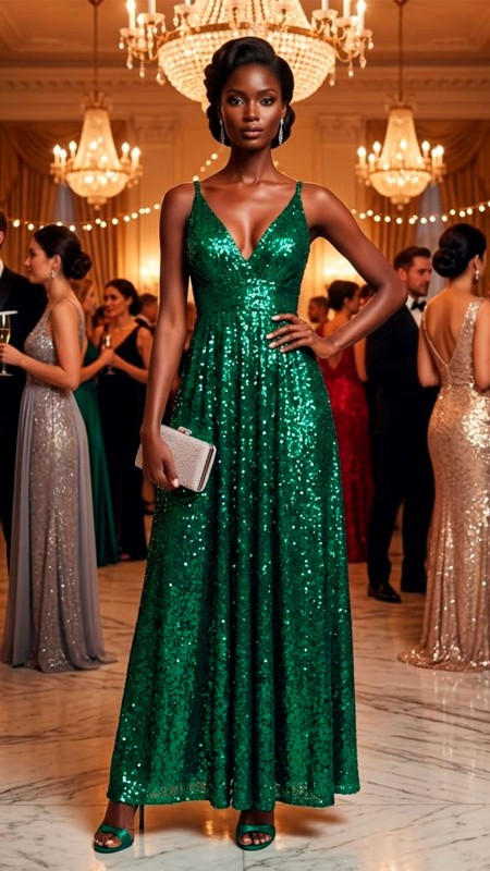 VESTIDO VERDE OSCURO CON LENTEJUELAS ATRAS DE AMARRAR