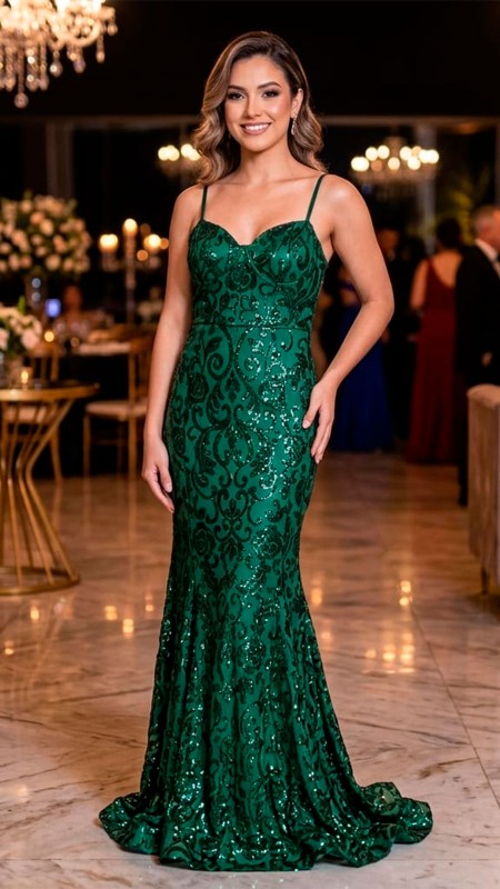 VESTIDO VERDE OSCURO CORTE SIRENA DE TIROS