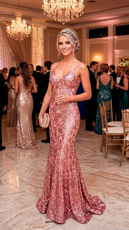 VESTIDO ROSADO CORTE SIRENA CON LENTEJUELAS