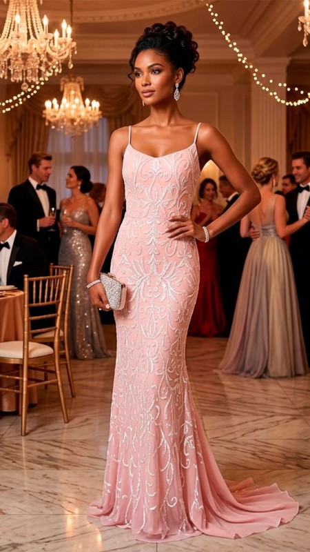VESTIDO MELON CON COLA Y LENTEJUELAS