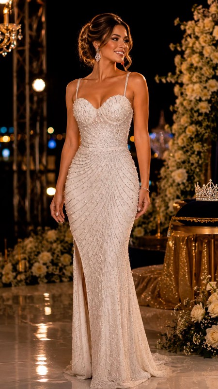VESTIDO BLANCO CON PERLAS Y ABERTURA EN LA PIERNA