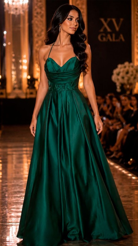 VESTIDO VERDE OSCURO SATIN POMPOSO