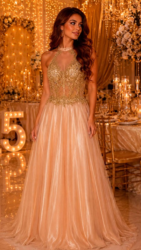 VESTIDO DORADO POMPOSO CON CORSET