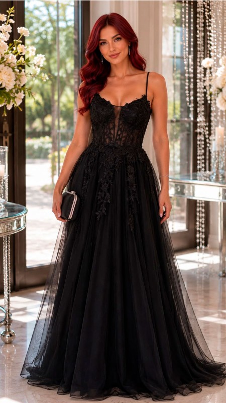 VESTIDO NEGRO POMPOSO CON CORSET