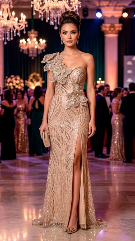 VESTIDO CHAMPANG CON FLORES Y ABERTURA EN LA PIERNA