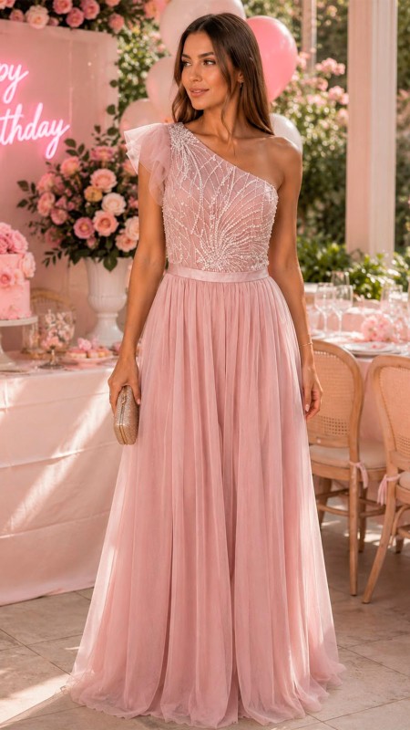 VESTIDO PALO DE ROSA ASIMETRICO CON TULL ENCIMA