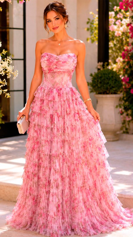 VESTIDO ROSADO FLOREADO POMPOSO