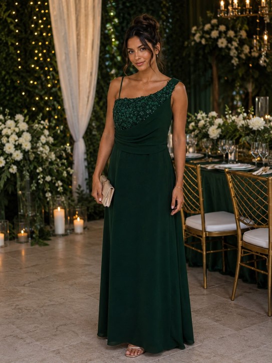 VESTIDO VERDE BOTELLA, ASIMETRICO CON BRILLOS