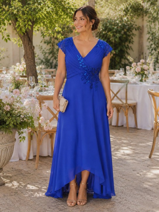VESTIDO AZUL ELECTRICO DE GASA CON COLA