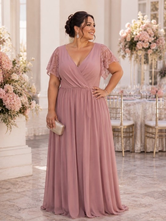VESTIDO PALO DE ROSA CON VOLADOS EN LAS MANGAS