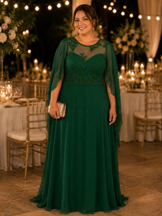 VESTIDO VERDE ENCENDIDO CON MANGAS Y BRILLOS