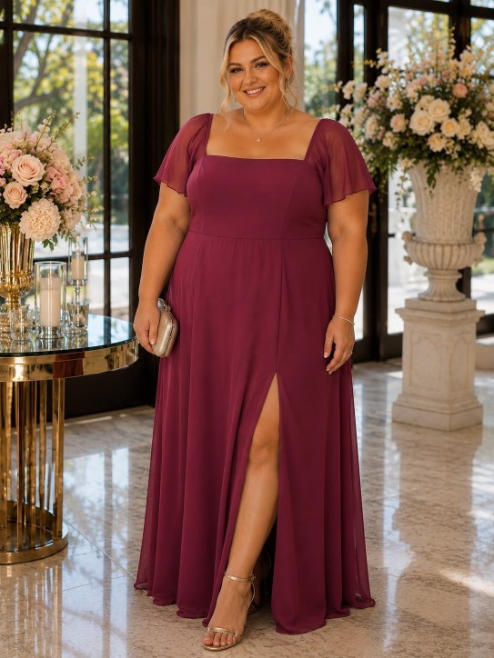 VESTIDO LILA CON MANGAS Y ABERTURA EN LA PIERNA