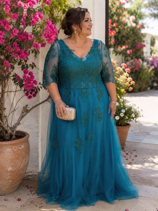 VESTIDO CELESTE CIELO CON MANGAS TRANSPARENTES