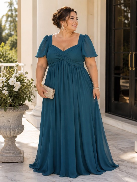 VESTIDO CELESTE CIELO CON MANGAS CON PLIEGUES
