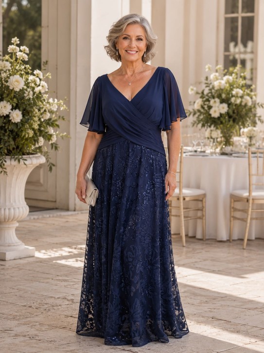 VESTIDO AZUL MARINO CON MANGAS Y LENTEJUELAS