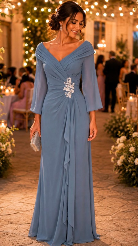 VESTIDO CELESTE OSCURO CON MANGAS DE GASA