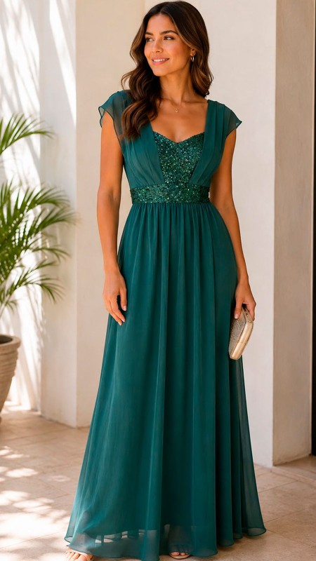 VESTIDO VERDE BOTELLA CON BRILLOS DE GASA