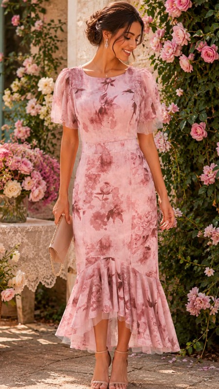 VESTIDO PALO DE ROSA FLOREADO CON MANGAS