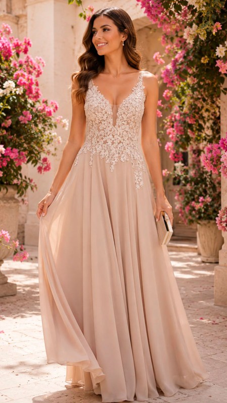 VESTIDO NUDE DE GASA CON FLORES CORTE A