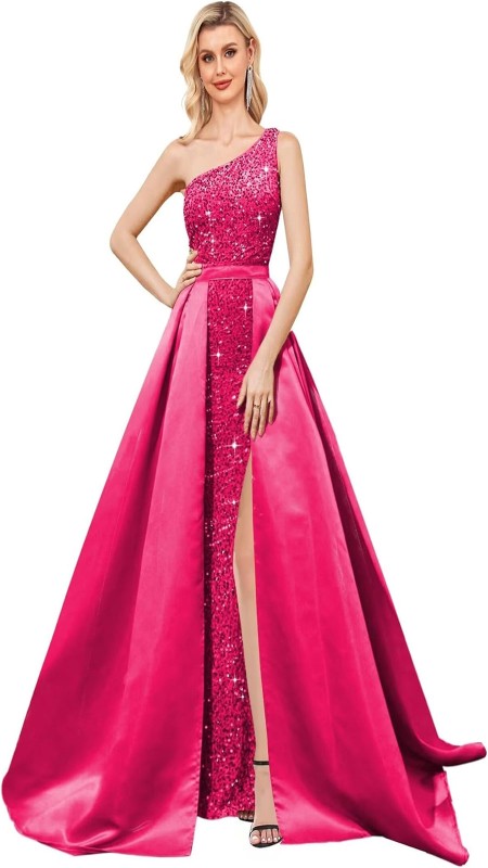 VESTIDO FUCSIA ASIMETRICO LENTEJUELA CON FALDA