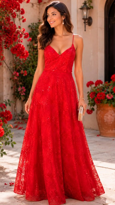 VESTIDO ROJO CON BRILLOS Y CORSET POMPOSO
