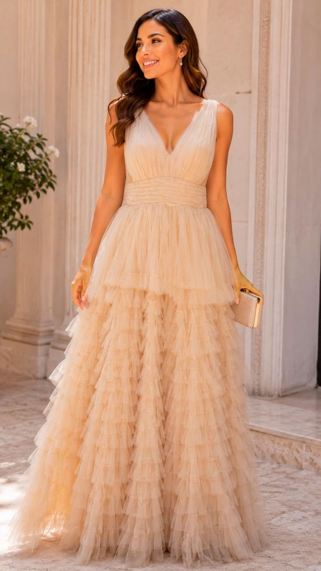 VESTIDO BEISH CLARO CON VOLADOS SIN ABERTURA