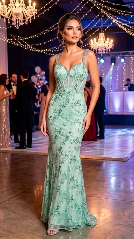 VESTIDO VERDE AGUA CON PIEDRAS, DE TIROS