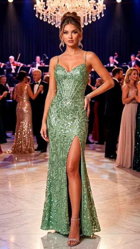 VESTIDO VERDE MENTA CON LENTEJUELAS Y ABERTURA